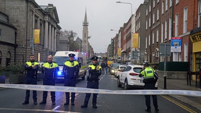 The scene in Dublin city centre after five people were injured, following a serious public order incident which occurred on Parnell Square East (AP) The scene in Dublin city centre after five people were injured, following a serious public order incident which occurred on Parnell Square East (AP)