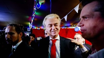 PVV leader Geert Wilders reacts to the results of the House of Representatives elections in Scheveningen, the Netherlands, 22 November 2023. (AFP) PVV leader Geert Wilders reacts to the results of the House of Representatives elections in Scheveningen, the Netherlands, 22 November 2023. (AFP)