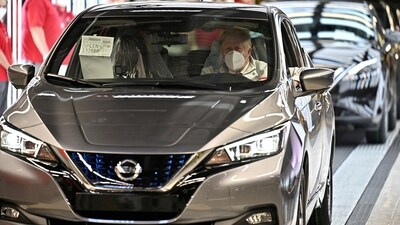 Britain's Prime Minister Boris Johnson visits the Nissan Motor Co. plant in Sunderland, Britain July 1, 2021. (REUTERS)