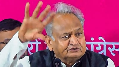 Rajasthan Chief Minister Ashok Gehlot addresses a press conference ahead of State Assembly elections, at PCC Headquarters in Jaipur (PTI) Rajasthan Chief Minister Ashok Gehlot addresses a press conference ahead of State Assembly elections, at PCC Headquarters in Jaipur (PTI)