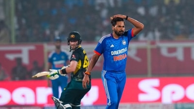 Inglis fell on 110 off 50 after which Arshdeep Singh and Mukesh Kumar pulled things back for India. Mukesh conceded just five runs in the last over and Australia were 208/3 in 20 overs. (PTI) Inglis fell on 110 off 50 after which Arshdeep Singh and Mukesh Kumar pulled things back for India. Mukesh conceded just five runs in the last over and Australia were 208/3 in 20 overs. (PTI)