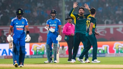 India got off to a shaky start with Ruturaj Gaikwad falling after a mix-up with opening partner Yashasvi Jaiswal. Jaiswal himself fell soon after on 21 off eight balls. (PTI) India got off to a shaky start with Ruturaj Gaikwad falling after a mix-up with opening partner Yashasvi Jaiswal. Jaiswal himself fell soon after on 21 off eight balls. (PTI)