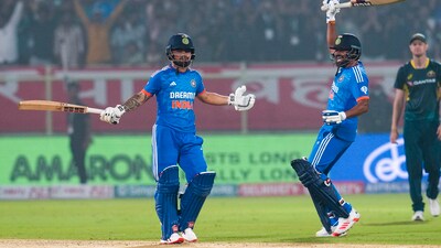 Captain Suryakumar Yadav and Ishan Kishan's half-centuries powered a record chase for India in their first T20I against Australia in Visakhapatnam. The job was far from done when the two captains were dismissed though and Rinku Singh did the perfect finishing act to give India a 1-0 lead in a thrilling finish to the first T20I. Australia batted first and scored 208/3 thanks to a 50-ball 110 from Josh Inglis. (PTI) Captain Suryakumar Yadav and Ishan Kishan's half-centuries powered a record chase for India in their first T20I against Australia in Visakhapatnam. The job was far from done when the two captains were dismissed though and Rinku Singh did the perfect finishing act to give India a 1-0 lead in a thrilling finish to the first T20I. Australia batted first and scored 208/3 thanks to a 50-ball 110 from Josh Inglis. (PTI)
