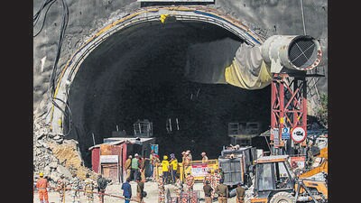 Rescue operation underway at the site of a tunnel collapse in Uttarkashi on Thursday. (PTI) Rescue operation underway at the site of a tunnel collapse in Uttarkashi on Thursday. (PTI)