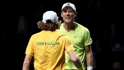Australia's Matthew Ebden and Max Purcell celebrate winning their quarter final match against Czech Republic's Jiri Lehecka and Adam Pavlasek. (REUTERS)