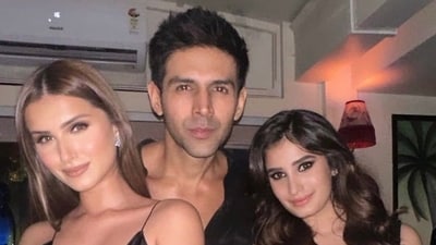 Tara Sutaria and Rasha Thadani pose with birthday boy Kartik Aaryan. Tara Sutaria and Rasha Thadani pose with birthday boy Kartik Aaryan.