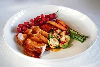 To add a touch of culinary flair, a medley of exotic vegetables like Brussels sprouts, carrots, and redcurrants were artfully incorporated to plate this dish To add a touch of culinary flair, a medley of exotic vegetables like Brussels sprouts, carrots, and redcurrants were artfully incorporated to plate this dish