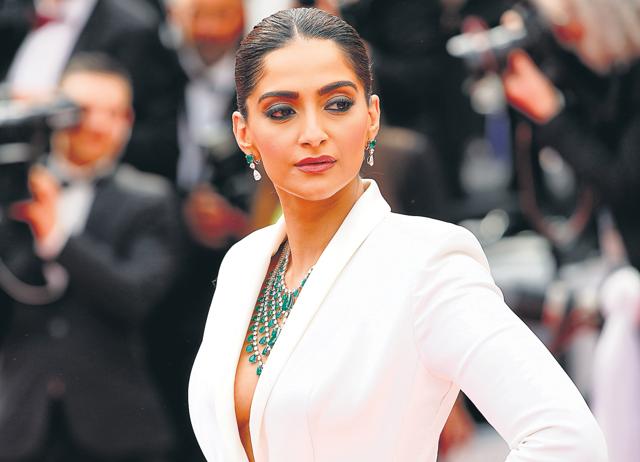 Sonam Kapoor Ahuja paired an emerald-encrusted Chopard necklace with a tuxedo at Cannes 2019. (Shutterstock) Sonam Kapoor Ahuja paired an emerald-encrusted Chopard necklace with a tuxedo at Cannes 2019. (Shutterstock)