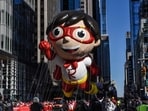 The Red Titan from Ryan's World balloon floats in Macy's annual Thanksgiving Day Parade on November 23, 2023 in New York City. Thousands of people lined the streets to watch the 25 balloons and hundreds of performers march in this parade happening since 1924.