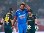 India's Mukesh Kumar reacts during the first T20I against Australia India's Mukesh Kumar reacts during the first T20I against Australia