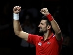 Serbia's Novak Djokovic celebrates winning his match in the quarter final against Britain's Cameron Norrie