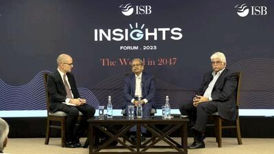 (From left) Financial Times South Asia bureau chief John Reed, Infosys co-founder Kris Gopalkrishnan and Bharti Enterprises vice-chairperson Rakesh Bharti Mittal during an Insights Forum 2023 session at Indian School of Business in Mohali. (HT File)