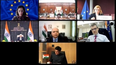 External Affairs Minister S. Jaishankar with Union Railway Minister Ashwini Vaishnav, Union Minister of Commerce and Industry Piyush Goyal and others co-chair the India-EU Trade & Technology Council (TTC) with European Commission Executive Vice President Valdis Dombrovskis and European Commission Vice President in charge of Values and Transparency Vera Jourova. (X/ S Jaishankar) External Affairs Minister S. Jaishankar with Union Railway Minister Ashwini Vaishnav, Union Minister of Commerce and Industry Piyush Goyal and others co-chair the India-EU Trade & Technology Council (TTC) with European Commission Executive Vice President Valdis Dombrovskis and European Commission Vice President in charge of Values and Transparency Vera Jourova. (X/ S Jaishankar)