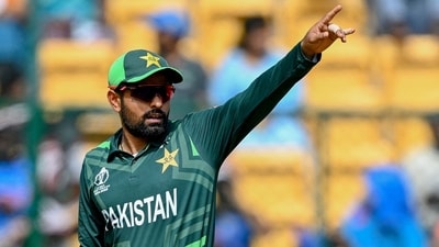 Pakistan's captain Babar Azam gestures during the 2023 ICC Men's Cricket World Cup one-day international (ODI) match between New Zealand and Pakistan (AFP) Pakistan's captain Babar Azam gestures during the 2023 ICC Men's Cricket World Cup one-day international (ODI) match between New Zealand and Pakistan (AFP)