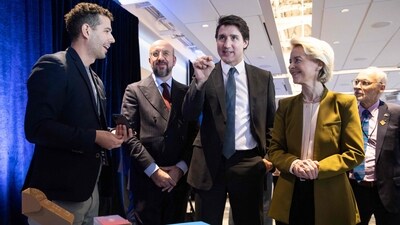 President of the European Council, Charles Michel, Prime Minister of Canada, Justin Trudeau, and President of the European Commission, Ursula Von Der Leyen at the Genesis Demonstration Fair as part of the EU-Canada Summit in St. John's, Canada. (AFP) President of the European Council, Charles Michel, Prime Minister of Canada, Justin Trudeau, and President of the European Commission, Ursula Von Der Leyen at the Genesis Demonstration Fair as part of the EU-Canada Summit in St. John's, Canada. (AFP)