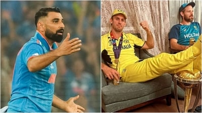 Mohammed Shami (L) reacts to the picture of Mitchell Marsh resting his foot on the World Cup trophy (File) Mohammed Shami (L) reacts to the picture of Mitchell Marsh resting his foot on the World Cup trophy (File)