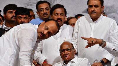 Mumbai, India - May 02, 2023: NCP leaders, workers, supporters of Sharad Pawar protest in solidarity against his resignation as party president urging him to reconsider his decision, at Y.B. Chavan Centre, Nariman Point, in Mumbai, India, on Tuesday, May 02, 2023. (Photo by Bhushan Koyande/HT Photo) (HT PHOTO)