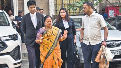 Mumbai, India –Nov 23, 2023: Former Mumbai Mayor Kishori Pednekar leaves after an inquiry from the Enforcement Directorate (ED) office in connection with the Covid body bag scam case, in Mumbai, India, on Thursday, Nov 23, 2023. (Photo by Bhushan Koyande/HT Photo)
