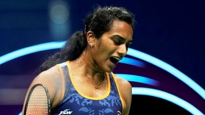 Hangzhou: India�s PV Sindhu reacts while playing against China's He Bingjiao during the Women's Singles quarterfinal badminton match at the 19th Asian Games, in Hangzhou, China, Thursday, Oct. 5, 2023. (PTI Photo/Gurinder Osan) (PTI10_05_2023_000005A) *** Local Caption *** (PTI) Hangzhou: India�s PV Sindhu reacts while playing against China's He Bingjiao during the Women's Singles quarterfinal badminton match at the 19th Asian Games, in Hangzhou, China, Thursday, Oct. 5, 2023. (PTI Photo/Gurinder Osan) (PTI10_05_2023_000005A) *** Local Caption *** (PTI)