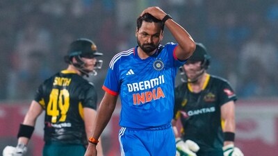 India's Mukesh Kumar reacts during the first T20I against Australia (PTI) India's Mukesh Kumar reacts during the first T20I against Australia (PTI)