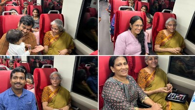 Union Finance minister Nirmala Sitharaman took moments to capture selfies with fellow passengers on the Vande Bharat train from Kochi to Thiruvananthapuram on Friday, which she also shared on her X account. (X/@nsitharaman) Union Finance minister Nirmala Sitharaman took moments to capture selfies with fellow passengers on the Vande Bharat train from Kochi to Thiruvananthapuram on Friday, which she also shared on her X account. (X/@nsitharaman)