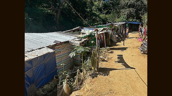 A row of makeshift tents where an estimated 10,000 Myanmar nationals are living in Zohkawathar, Mizoram. (Prawesh Lama/HT Photo)