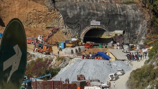 Uttarkashi: A view near the under-construction Silkyara tunnel as drilling through the rubble to extract 41 trapped workers remains stalled, in Uttarkashi district, Friday, Nov. 24, 2023. (PTI Photo/Arun Sharma)(PTI11_24_2023_000147A) (PTI)