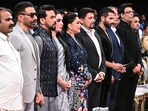 Union Minister for Information and Broadcasting Anurag Singh Thakur with MoS L Murugan, actors Madhuri Dixit, Shahid Kapoor and Sunny Deol, filmmaker Karan Johar and others during the inaugural ceremony of 54Th International Film Festival of India (IFFI), in Goa on Monday. (PTI)