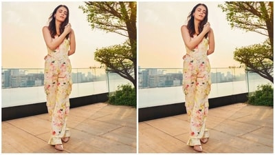 Her outfit is from the brand The Iaso and comes with a price tag of <span class='webrupee'>₹</span>17,099. It features a sleeveless corset top adorned with a trendy colourful print. She teamed it with a matching cargo pants. (Instagram/@radhikamadan) Her outfit is from the brand The Iaso and comes with a price tag of <span class='webrupee'>₹</span>17,099. It features a sleeveless corset top adorned with a trendy colourful print. She teamed it with a matching cargo pants. (Instagram/@radhikamadan)
