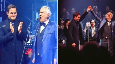 The image shows Roger Federer with opera singer Andrea Bocelli at a concert. (Instagram/@andreabocelliofficial) The image shows Roger Federer with opera singer Andrea Bocelli at a concert. (Instagram/@andreabocelliofficial)