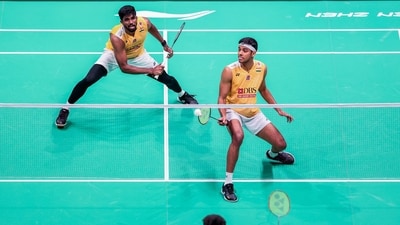India's Chirag Shetty (R) and Satwiksairaj Rankireddy hit a return to China's He Jiting and Ren Xiangyu during their men's doubles semi-final match of the BWF World Tour China Masters 2023 (AFP) India's Chirag Shetty (R) and Satwiksairaj Rankireddy hit a return to China's He Jiting and Ren Xiangyu during their men's doubles semi-final match of the BWF World Tour China Masters 2023 (AFP)