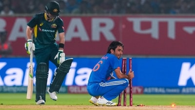 Ravi Bishnoi reacts after an unsuccessful run out attempt during the first T20 against Australia in Visakhapatnam (PTI) Ravi Bishnoi reacts after an unsuccessful run out attempt during the first T20 against Australia in Visakhapatnam (PTI)