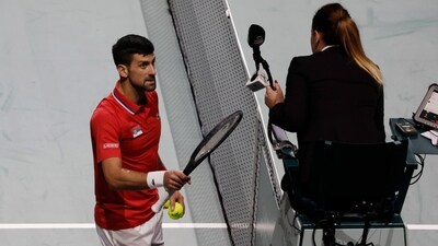 Novak Djokovic reacts towards the umpire during his match against Jannik Sinner (REUTERS)