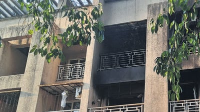 Thane, India - November,25, 2023: Two people have died in a house fire in Madhavi Niwas on Thane Ghodbunder Road ,in Thane, in Mumbai, India, on, Saturday, November ,25, 2023. ( Praful Gangurde / HT Photo )