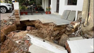 The front yard of the house in Chandigarh’s Sector -15 caved in late on Friday evening. (HT Photo)