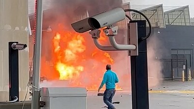 FILE PHOTO: A vehicle burns at the Rainbow Bridge U.S. border crossing with Canada, in Niagara Falls, New York, U.S. November 22, 2023 in a still image from video.  Courtesy Saleman Alwishah via REUTERS (via REUTERS)