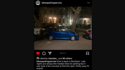 The image shows a blue car parked in front of a house. (Instagram/@kikosparkingservice) The image shows a blue car parked in front of a house. (Instagram/@kikosparkingservice)