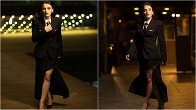 Just a day ago, Radhika, in her Boss Babe avatar, was seen serving fashion gaols in an all black ensemble featuring a white shirt with a back tie, a fitted blazer and a matching slit skirt that oozes oomph. (Instagram/@radhikamadan) Just a day ago, Radhika, in her Boss Babe avatar, was seen serving fashion gaols in an all black ensemble featuring a white shirt with a back tie, a fitted blazer and a matching slit skirt that oozes oomph. (Instagram/@radhikamadan)