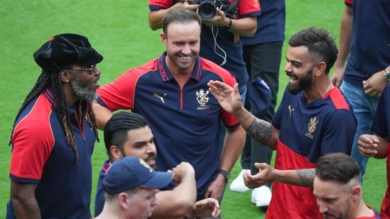 Chris Gayle, AB De Villiers and Virat Kohli at the RCB Unbox event before IPL 2023 (PTI)