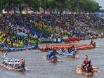 Participants row dragon boats during a competition as part of the Water Festival on the Tonle Sap river in Phnom Penh on November 26, 2023. Participants row dragon boats during a competition as part of the Water Festival on the Tonle Sap river in Phnom Penh on November 26, 2023.