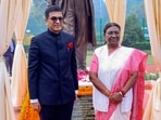 President Droupadi Murmu and Chief Justice of India Justice DY Chandrachud stand near the statue of Babasaheb Dr. BR Ambedkar during the Constitution Day (National Law Day) celebrations.