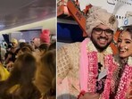 The image shows the wedding celebrations inside a plane. The image shows the wedding celebrations inside a plane.