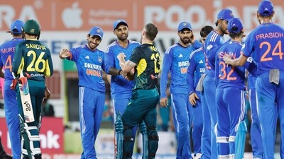 Indian players greet Australian players after their 2nd T20I match at Greenfield International Stadium in Thiruvananthapuram on Sunday. India won by 44 runs. (BCCI Twitter) Indian players greet Australian players after their 2nd T20I match at Greenfield International Stadium in Thiruvananthapuram on Sunday. India won by 44 runs. (BCCI Twitter)