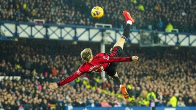 Alejandro Garnacho scores a goal during the English Premier League match between Everton and Manchester United at Goodison Park Stadium in Liverpool (AP) Alejandro Garnacho scores a goal during the English Premier League match between Everton and Manchester United at Goodison Park Stadium in Liverpool (AP)
