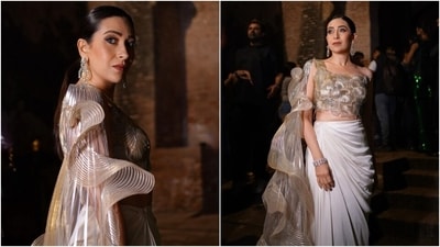 Karisma accessorised the ensemble with statement earrings and a matching bracelet. Lastly, she chose a side-parted sleek ponytail, brick-coloured lip shade, feathered brows, winged eyeliner, kohl-lined eyes, and glowing skin for the glam picks. (Instagram) Karisma accessorised the ensemble with statement earrings and a matching bracelet. Lastly, she chose a side-parted sleek ponytail, brick-coloured lip shade, feathered brows, winged eyeliner, kohl-lined eyes, and glowing skin for the glam picks. (Instagram)