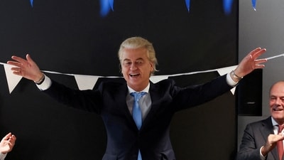 FILE PHOTO: Dutch far-right politician and leader of the PVV party, Geert Wilders gestures as he meets with members of his party at the Dutch Parliament, after the Dutch parliamentary elections, in The Hague, Netherlands November 23, 2023. REUTERS/Yves Herman/File Photo (REUTERS)