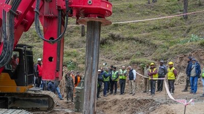 Vertical drilling going amid the rescue operation to extract 41 workers trapped inside the under-construction Silkyara Bend-Barkot Tunnel (PTI) Vertical drilling going amid the rescue operation to extract 41 workers trapped inside the under-construction Silkyara Bend-Barkot Tunnel (PTI)
