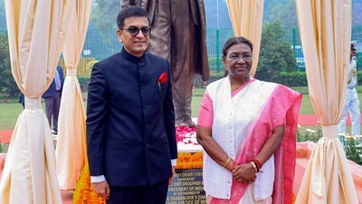 President Droupadi Murmu and Chief Justice of India Justice DY Chandrachud stand near the statue of Babasaheb Dr. BR Ambedkar during the Constitution Day (National Law Day) celebrations. (PTI)