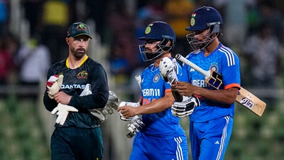 Tilak Varma and Rinku Singh during the second T20 match between India and Australia at the Greenfield International Stadium in Thiruvananthapuram (PTI) Tilak Varma and Rinku Singh during the second T20 match between India and Australia at the Greenfield International Stadium in Thiruvananthapuram (PTI)