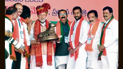 Prime Minister Narendra Modi at a public meeting in Medak on Sunday. (ANI)